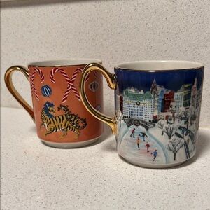 Anthropologie set of 2 Festive Ceramic Mug Set with Gold Handles